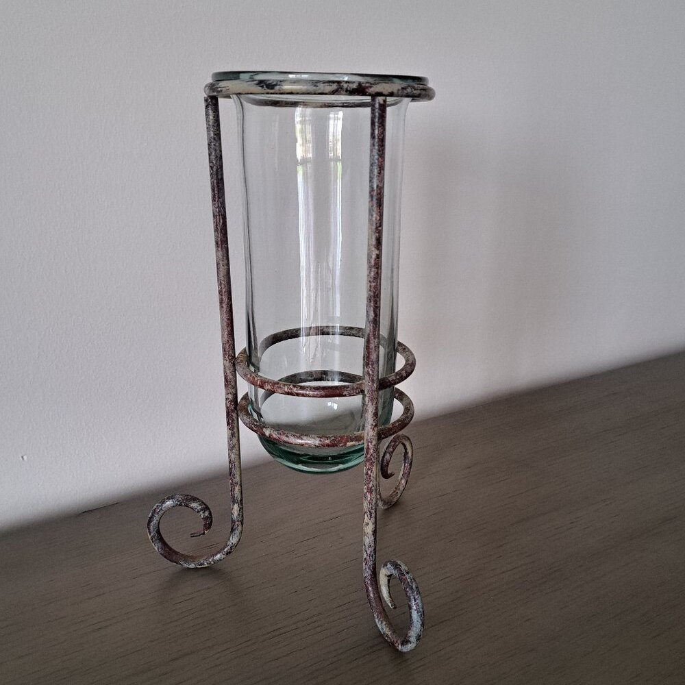 Distressed Metal Holder Pillar Glass Vessel Decorative Vintage Piece 12.5” Tall